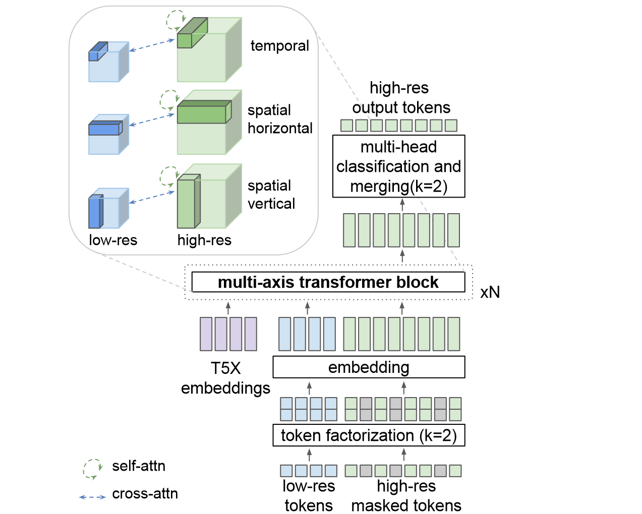 Architecture for video super-resolution. We adopt multi-axis attention and masked video modeling, conditioned on low-resolution tokens and text embeddings.